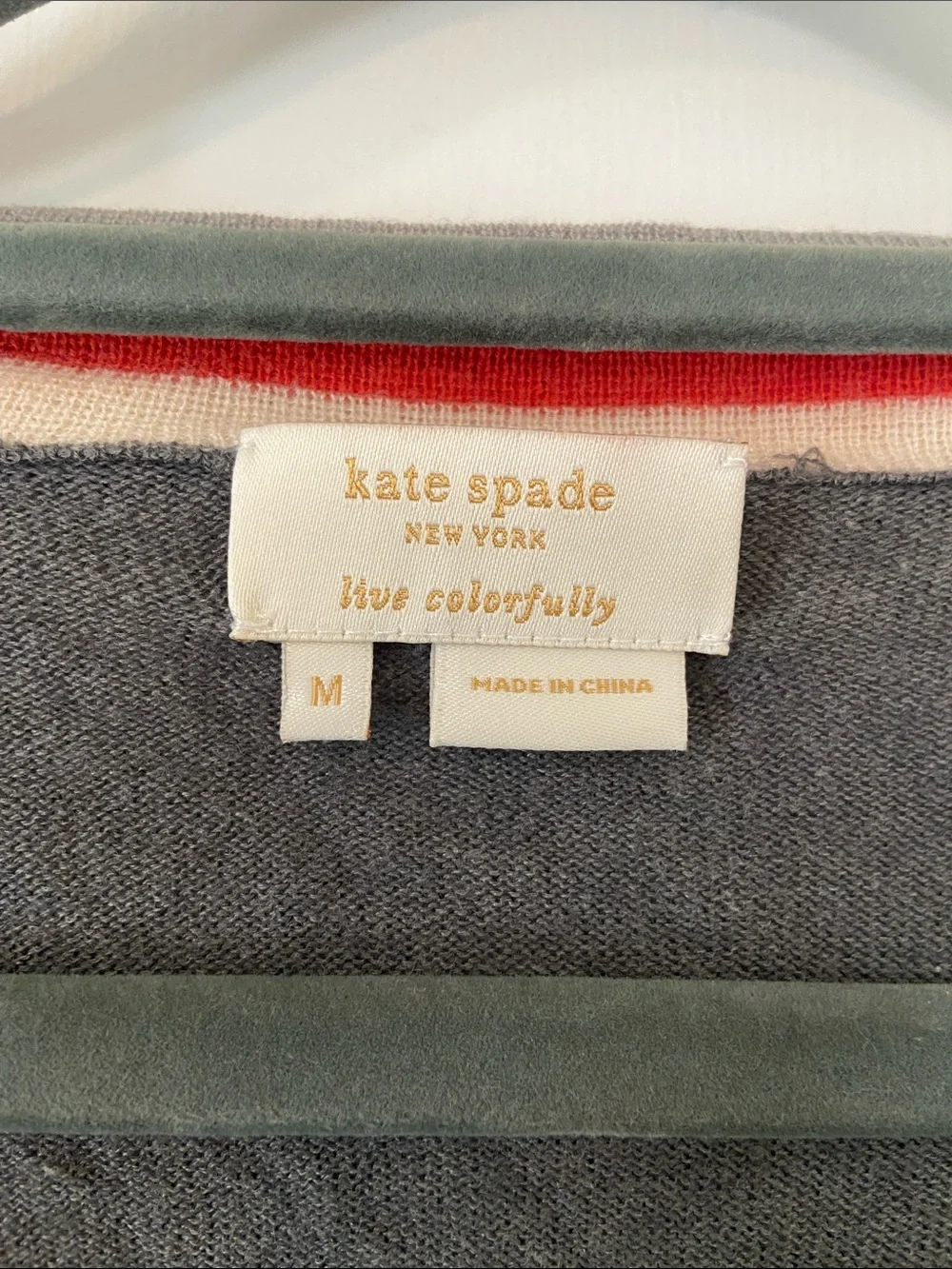 kate spade gray cardigan with cream and red trim wool/silk preppy size M